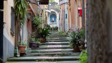 Eine enge Gasse in Italien mit einer Treppe, flankiert von traditionellen Häusern mit Blumentöpfen und Grünflächen, die zu einem heiligen Schrein mit einer Marienstatue am Ende der Treppe führt.