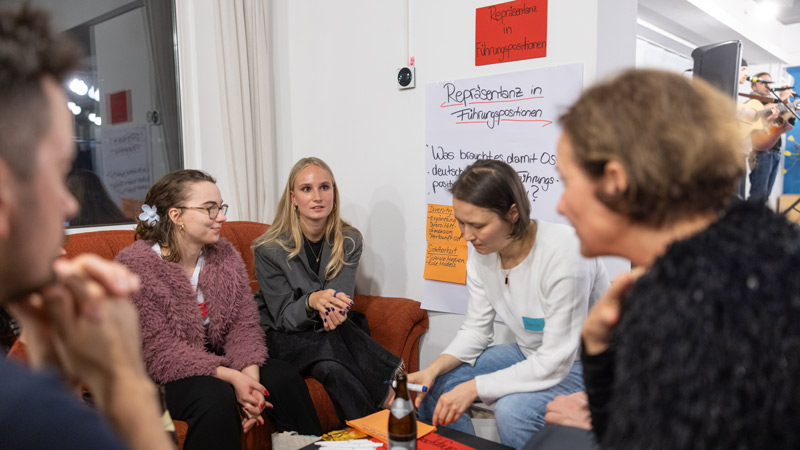 Eine Gruppe von fünf jungen Erwachsenen sitzt auf einem Sofa und diskutiert angeregt, umgeben von Plakaten mit handgeschriebenen Notizen.