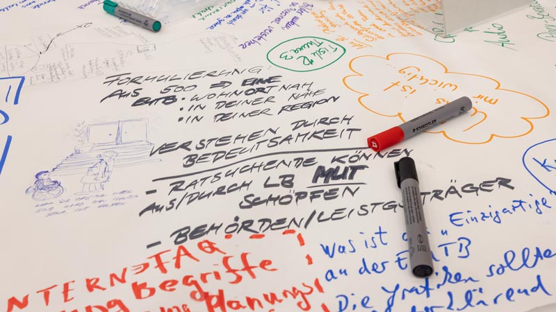 Kreativ gestaltetes Arbeitspapier mit bunten handschriftlichen Notizen, Zeichnungen und Markern auf einem Tisch.